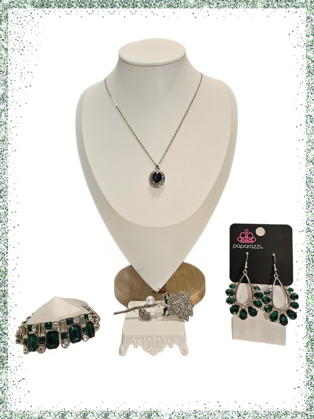 Paparazzi Silver Tone Necklace & Green Acrylic Gemstone Jewelry Set